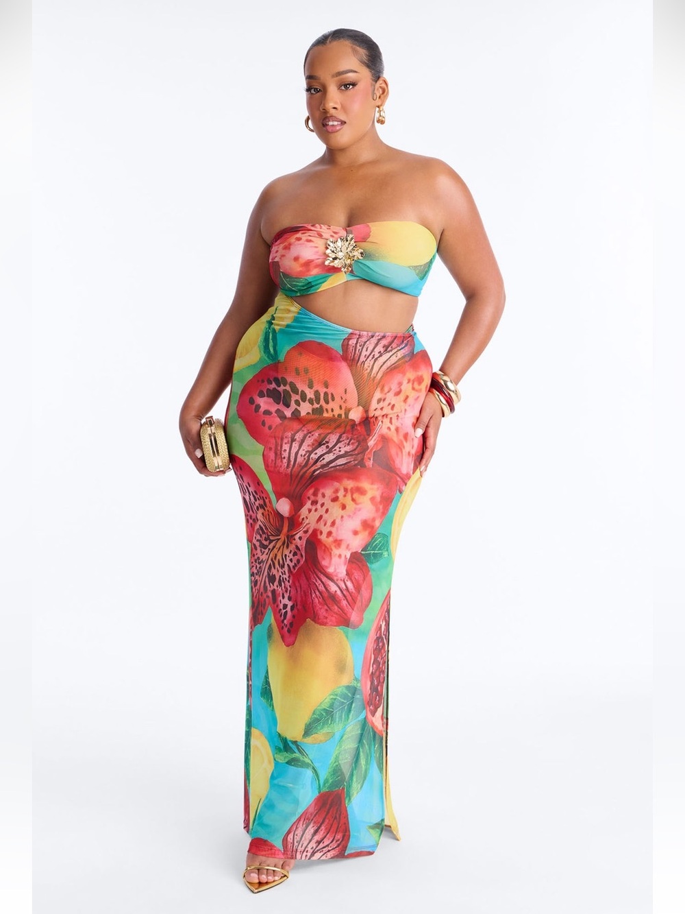 Brand New Strapless Pomegranate Print Cover-Up Maxi Dress with Bikini Bottom
